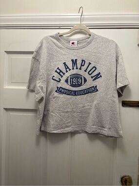Champion Ash Cropped Tee with Navy 'Champion' Rec Center Graphic
Size Large
